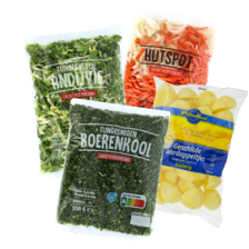 Boerenkool zak à 300 gram,
andijvie zak à 400 gram,
hutspot zak à 500 gram
of Poldergoud geschilde aardappeltjes zak à 1000 gram